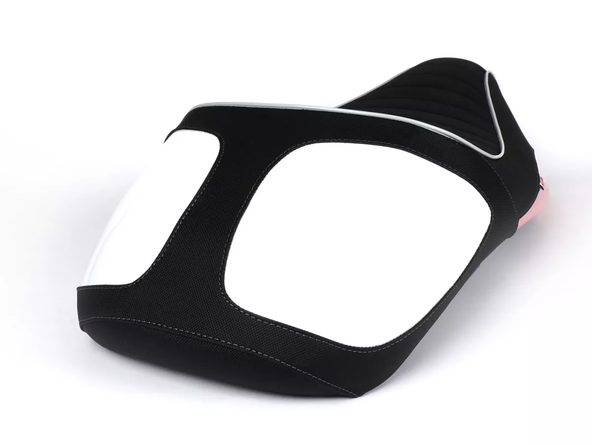Selle -NISA sportif- Vespa GTS 125 (ZAPM313), Vespa GTS 250 (ZAPM451), GTS 125 i.e. Super (ZAPM453), Vespa GTS 300 i.e. Super (ZAPM452) - (-2014) - Noir (type alcantara) / rouge déjoué
