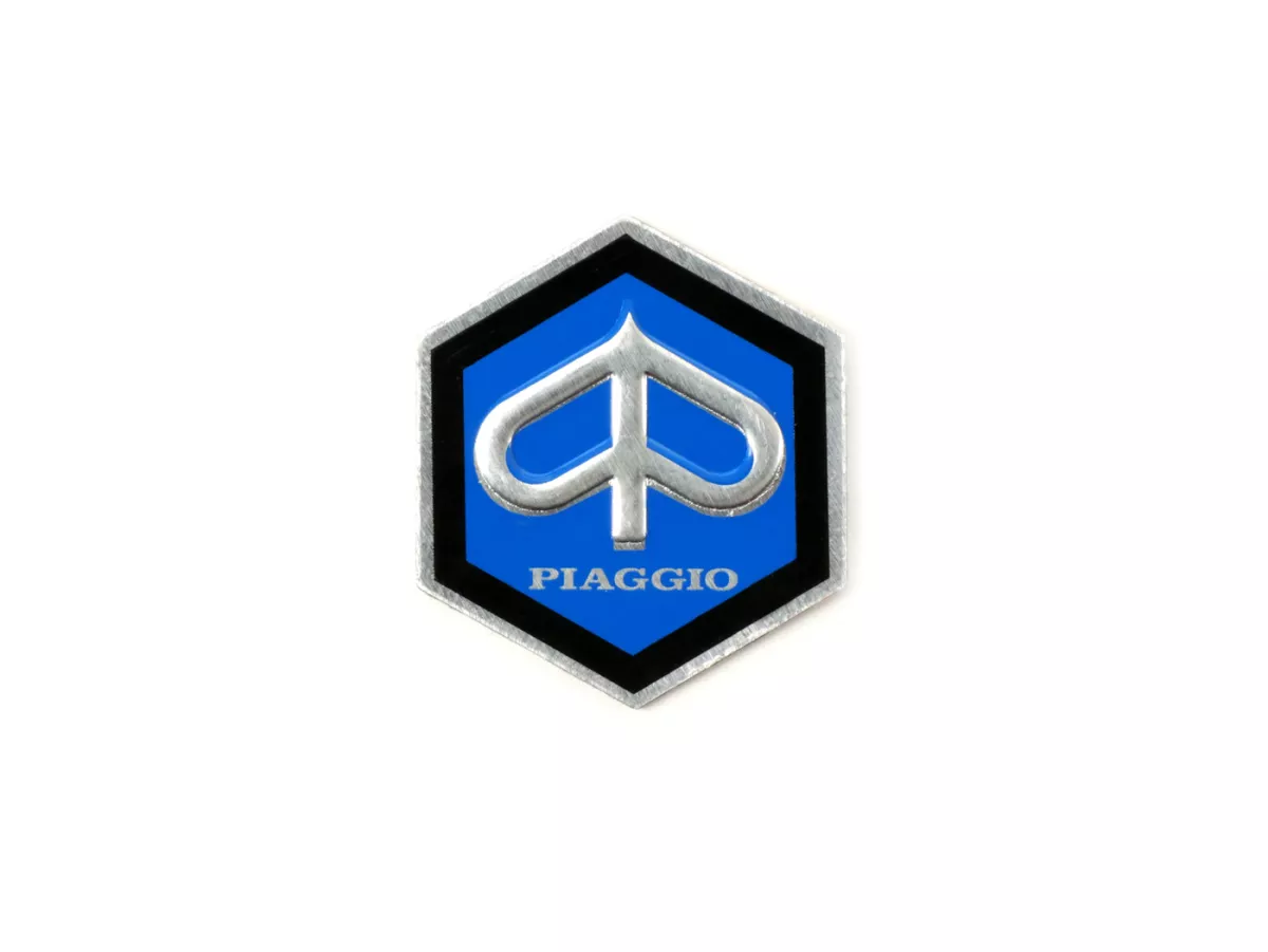 Badge handlebar -OEM QUALITY- Vespa Piaggio hexagon - Vespa Rally180 (VSD1T) (since 1968), Vespa Sprint150 (VLB1T) Veloce (since 1969), Vespa GTR125 (VNL2T) 125 (since 1969), Vespa TS 125 (since 1975)