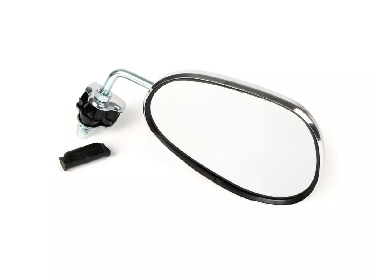 Espejo -BUMM cromado, acero inoxidable, espejo con abrazadera para escudo de piernas - Vespa/Lambretta universal grande - izquierda