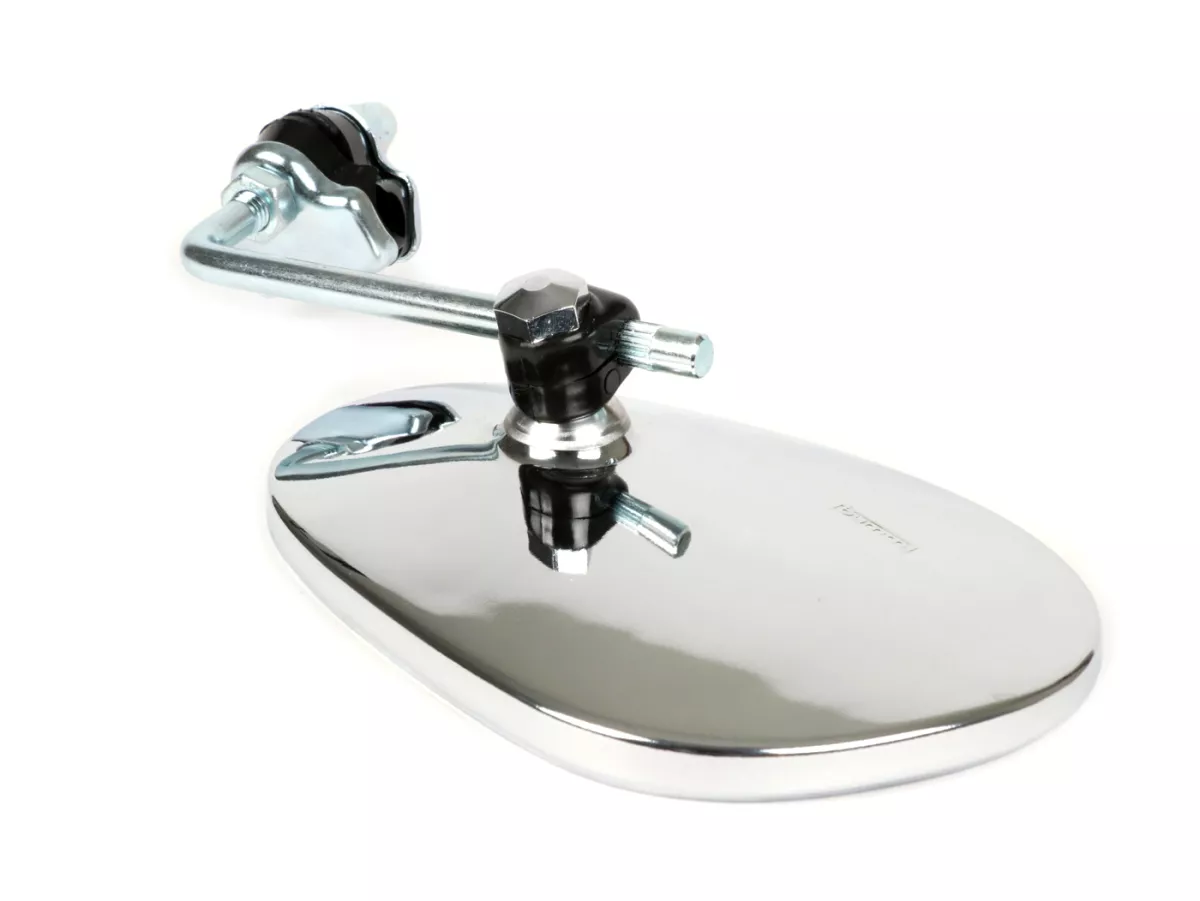 Espejo -BUMM cromado, acero inoxidable, espejo con abrazadera para escudo de piernas - Vespa/Lambretta universal grande - izquierda