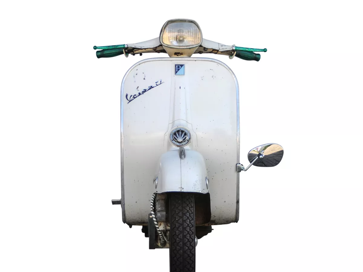 Espejo -BUMM cromado, acero inoxidable, espejo con abrazadera para escudo de piernas - Vespa/Lambretta universal grande - izquierda
