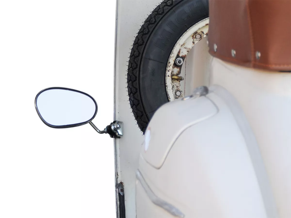 Espejo -BUMM cromado, acero inoxidable, espejo con abrazadera para escudo de piernas - Vespa/Lambretta universal grande - izquierda