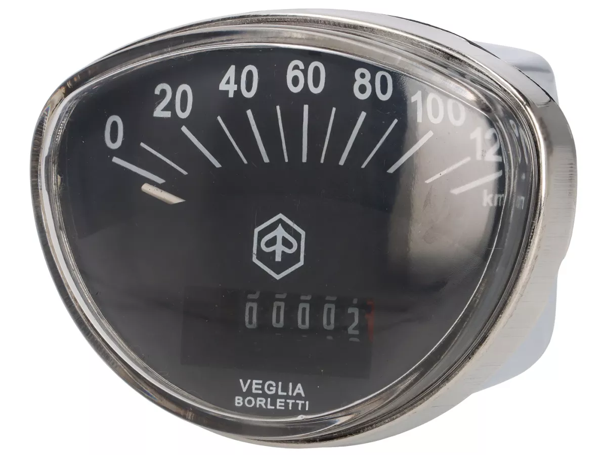 Snelheidsmeter -IMPORT- Vespa Rally180 (VSD1T), Rally200 (VSE1T), Sprint, PV125 - 120km/h (zwarte wijzerplaat, witte cijfers)
