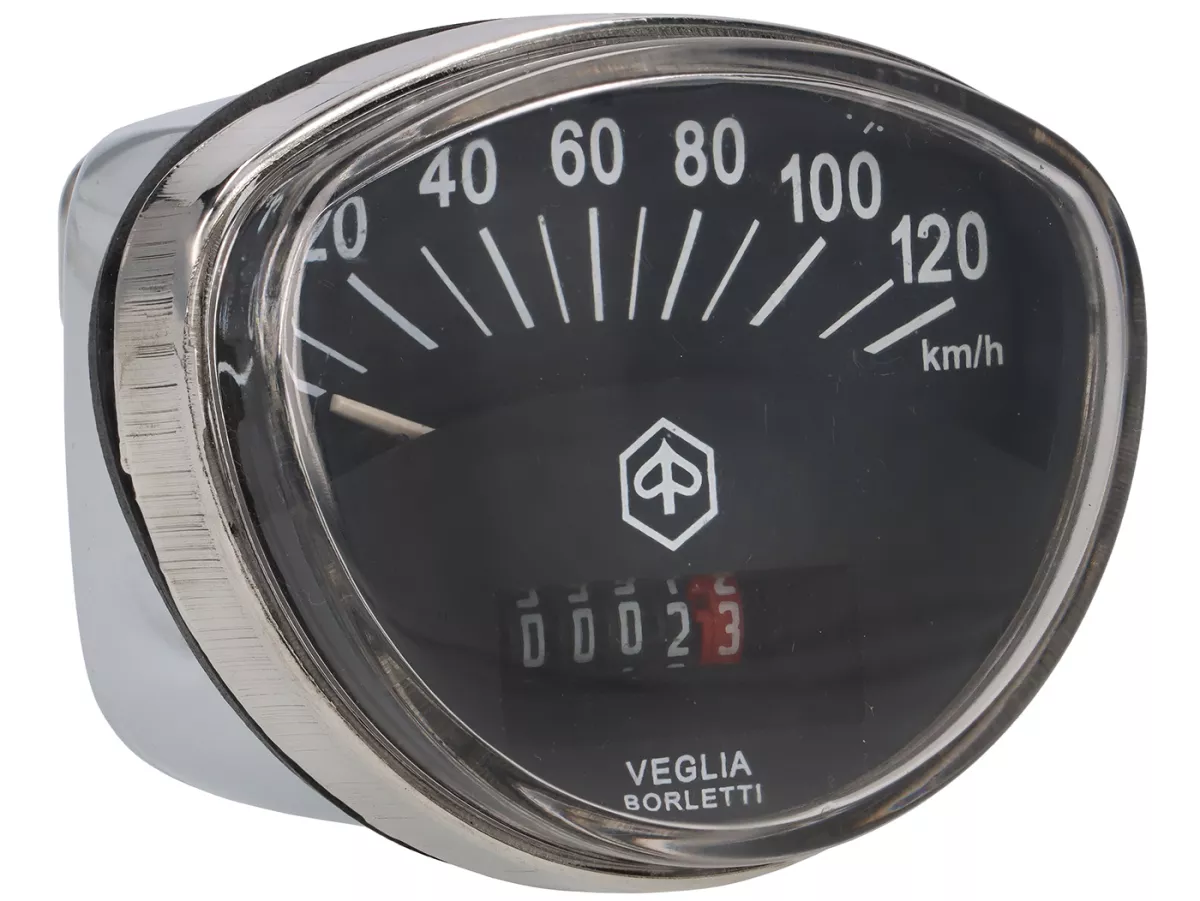 Snelheidsmeter -IMPORT- Vespa Rally180 (VSD1T), Rally200 (VSE1T), Sprint, PV125 - 120km/h (zwarte wijzerplaat, witte cijfers)