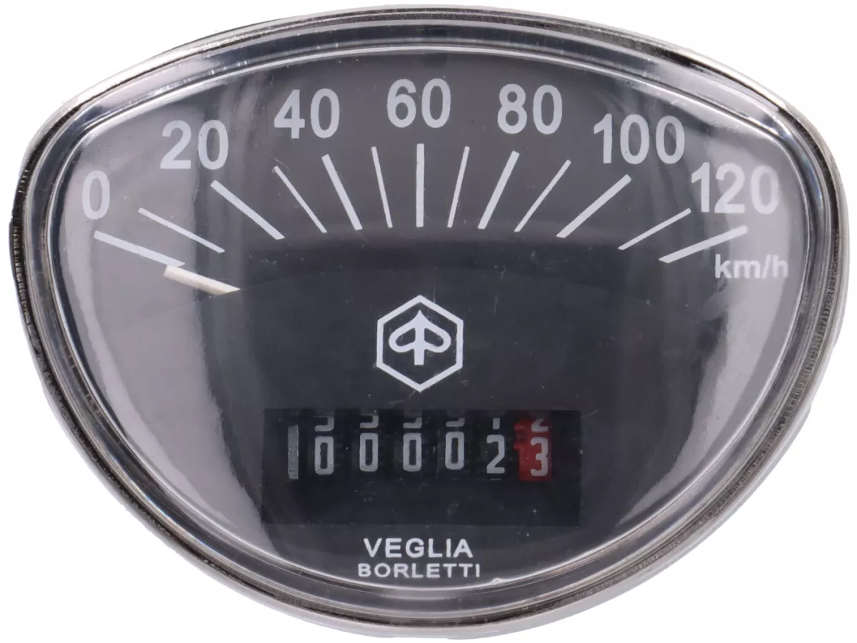Snelheidsmeter -IMPORT- Vespa Rally180 (VSD1T), Rally200 (VSE1T), Sprint, PV125 - 120km/h (zwarte wijzerplaat, witte cijfers)