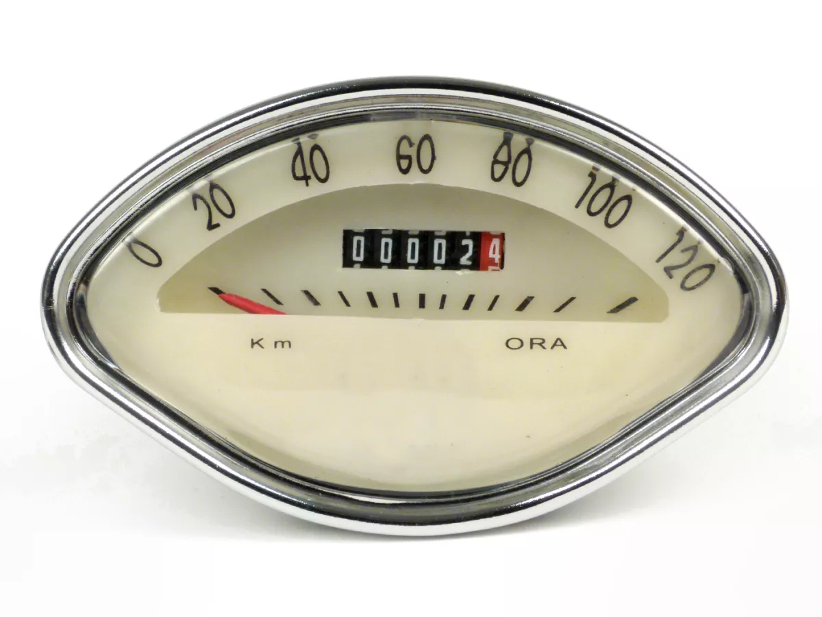 Snelheidsmeter -IMPORT- Vespa VBA, VBB, GL150 (VLA1T), GT125 (VNL2T), GTR125 (VNL2T), Sprint150 (VLB1T), GS150 / GS3 (VS5T), GS160 / GS4 (VSB1T), SS180 (VSC1T) - rechthoekig logo 120km/h - Rechthoekig logo 120km/h