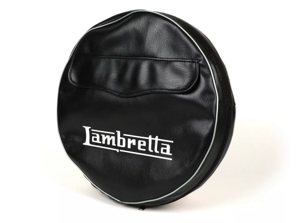 Spare wheel cover -IMPORT- Lambretta 3.50 - 10- black, with pouch, grey piping