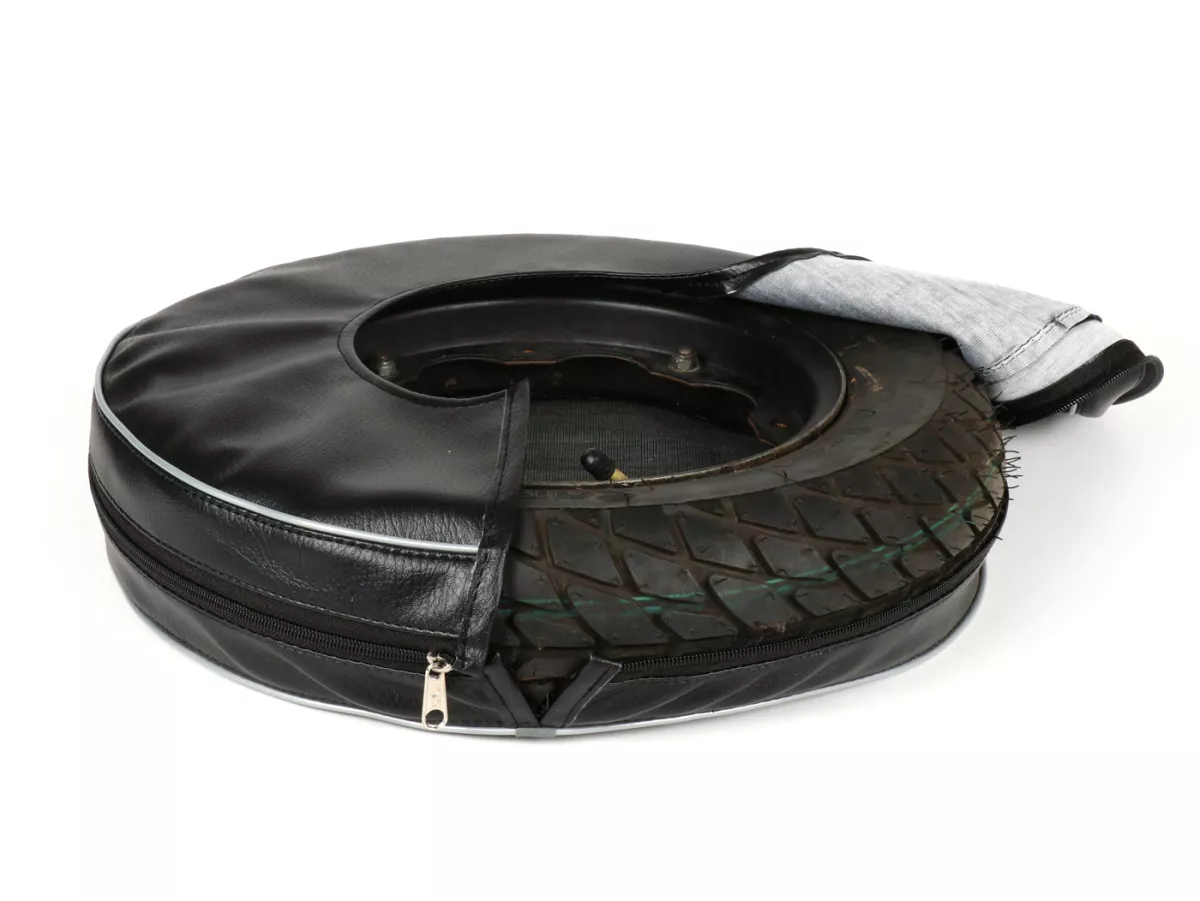 Spare wheel cover -IMPORT- Lambretta 3.50 - 10- black, with pouch, grey piping