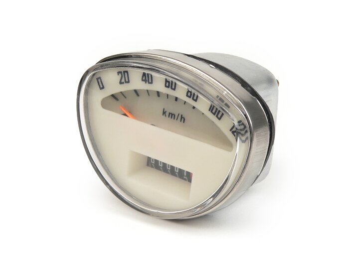 Speedo -OEM QUALITY- Vespa Rally180 (VSD1T), Rally200 (VSE1T), Sprint, PV125 - 120km/h (white face, black figures)