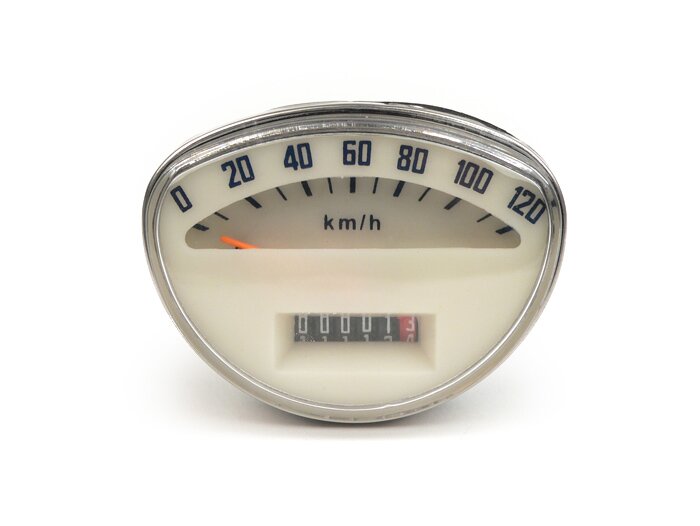 Speedo -OEM QUALITY- Vespa Rally180 (VSD1T), Rally200 (VSE1T), Sprint, PV125 - 120km/h (white face, black figures)