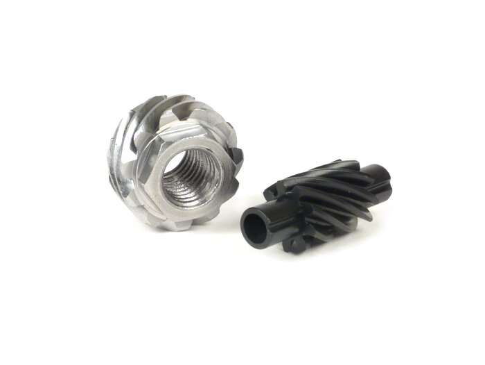 Speedometer drive gear set -BGM ORIGINAL- Vespa 11 tooth, Ø=21,8mm, metal + 9 tooth, l= 31mm, 2,7mm square, black (fits speedometer drive gear 9 tooth) - (for Vespa V50, 50N, 50L, 50R (V5A1T, 9 inch tyres))