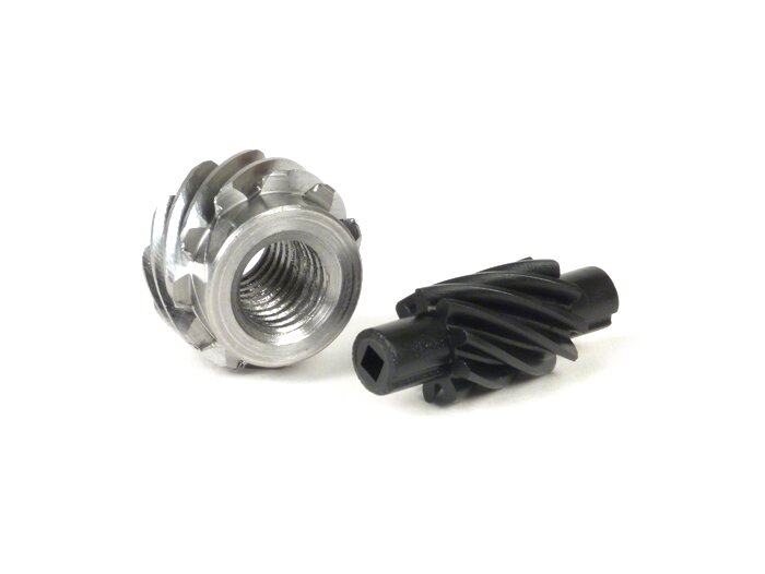 Speedometer drive gear set -BGM ORIGINAL- Vespa 11 tooth, Ø=21,8mm, metal + 9 tooth, l= 31mm, 2,7mm square, black (fits speedometer drive gear 9 tooth) - (for Vespa V50, 50N, 50L, 50R (V5A1T, 9 inch tyres))