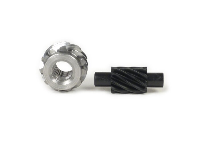 Speedometer drive gear set -BGM ORIGINAL- Vespa 11 tooth, Ø=21,8mm, metal + 9 tooth, l= 31mm, 2,7mm square, black (fits speedometer drive gear 9 tooth) - (for Vespa V50, 50N, 50L, 50R (V5A1T, 9 inch tyres))