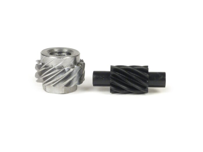 Speedometer drive gear set -BGM ORIGINAL- Vespa 11 tooth, Ø=21,8mm, metal + 9 tooth, l= 31mm, 2,7mm square, black (fits speedometer drive gear 9 tooth) - (for Vespa V50, 50N, 50L, 50R (V5A1T, 9 inch tyres))