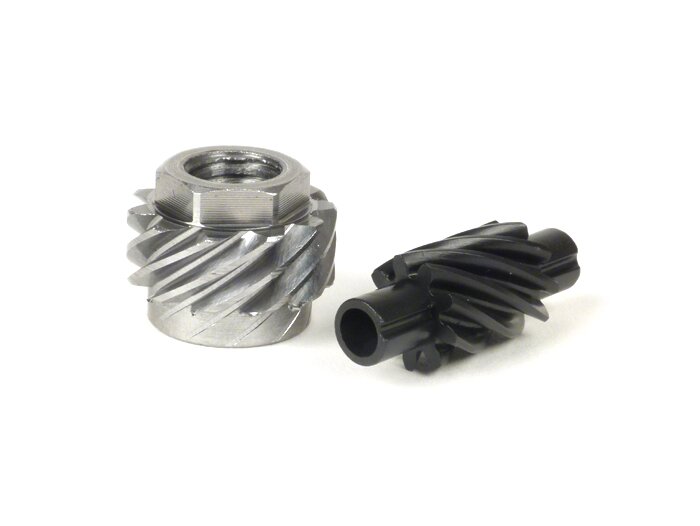 Speedometer drive gear set -BGM ORIGINAL- Vespa 11 tooth, Ø=21,8mm, metal + 9 tooth, l= 31mm, 2,7mm square, black (fits speedometer drive gear 9 tooth) - (for Vespa V50, 50N, 50L, 50R (V5A1T, 9 inch tyres))