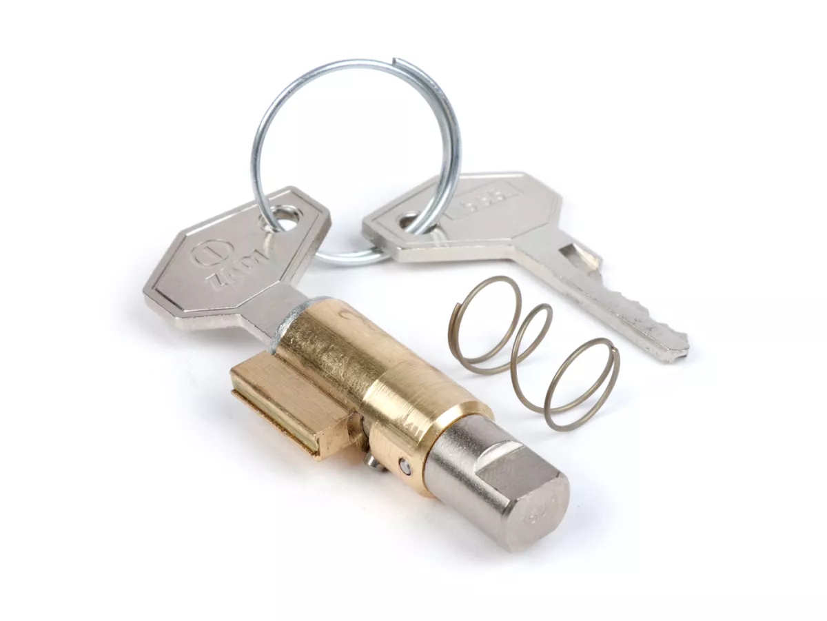 Set di serrature -QUALITÀ OEM, 38,5x4mm- Vespa PX (-1984), V50 Special (da V5A2 a 3T), GT125 (VNL2T, da 62685), GTR125 (VNL2T), TS (VNL3T), PV125 (VMA2T, da 028960), ET3 (VMB1T), Super 150 (VBC1T) - 2 pezzi