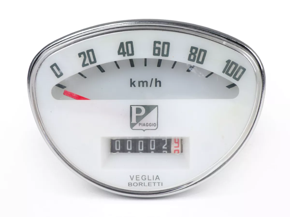 Hastighetsmätare -PIAGGIO 100km/h (1965-1971 gammal rektangel logotyp)- Vespa 50 Super Sprint (SS50, V5SS1T), Super Sprint 90 (SS90, V9SS1T), 125 Nuova (VMA1T), 125 Primavera (PV125, VMA2T -22874), 125 Super (VNC1T -10399), 150 Super (VBC1T -13599) - 100k