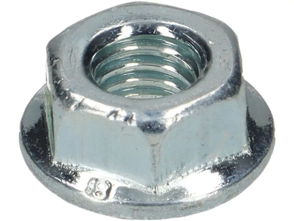 Ecrou à encoches (crénelé) -DIN 6923- M6 x 1,0 (monté sur culasse Piaggio 50 cc 2-temps, Minarelli 50 cc (cylindre vertical), Morini 50 cc (type AH))