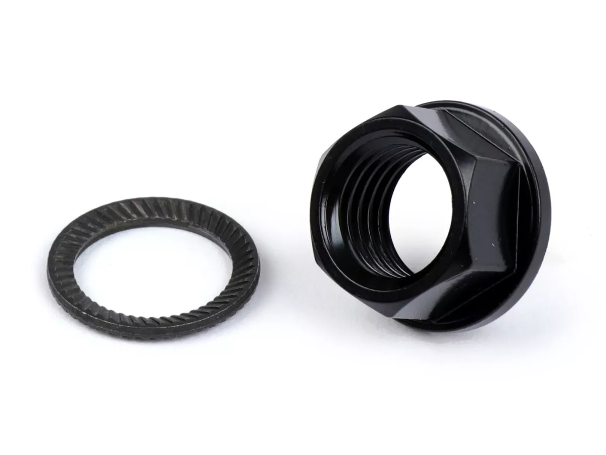 Kopplingsmutter M12 x 1,50 krage Ø=18,6mm h=9mm SW=15 -BGM PRO- (används som ersättning för kronmutter lämplig för Vespa PX, Rally180 (VSD1T), Rally200 (VSE1T), Sprint, T5 125cc, Cosa1)