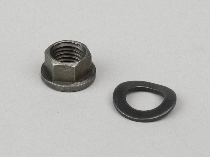 Kopplingsmutter -IMPORT- M12 x 1,50 krage Ø=18,6mm h=10mm SW=14- (används som ersättning för kronmutter lämplig för Vespa PX, Rally180 (VSD1T), Rally200 (VSE1T), Sprint, T5 125cc, Cosa1)