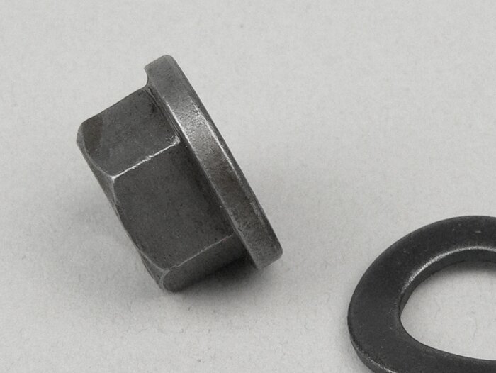 Kopplingsmutter -IMPORT- M12 x 1,50 krage Ø=18,6mm h=10mm SW=14- (används som ersättning för kronmutter lämplig för Vespa PX, Rally180 (VSD1T), Rally200 (VSE1T), Sprint, T5 125cc, Cosa1)