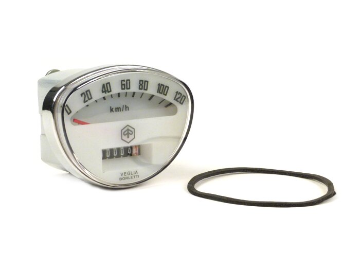 Snelheidsmeter -PIAGGIO- Vespa Rally180 (VSD1T), Rally200 (VSE1T), Sprint, PV125 - 120km/h (witte wijzerplaat, zwarte cijfers)