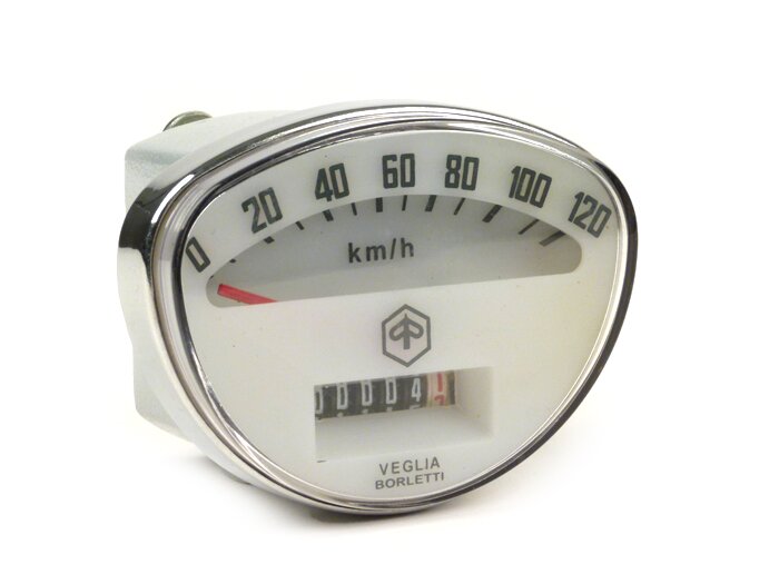 Snelheidsmeter -PIAGGIO- Vespa Rally180 (VSD1T), Rally200 (VSE1T), Sprint, PV125 - 120km/h (witte wijzerplaat, zwarte cijfers)