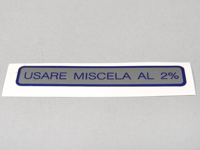 Sticker for fuel tank cap -OEM QUALITY- Vespa, Usare Miscela al 2% (1:50) (60x11mm) - blue
