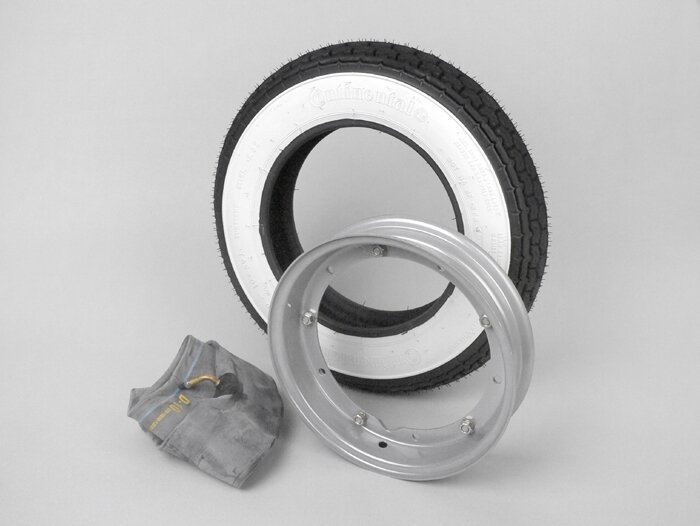 Kit complet pneu -VESPA CONTINENTAL flanc blanc K62- 3.50 - 10 pouces TT 59J (renforcé) - jante 2.10-10 gris