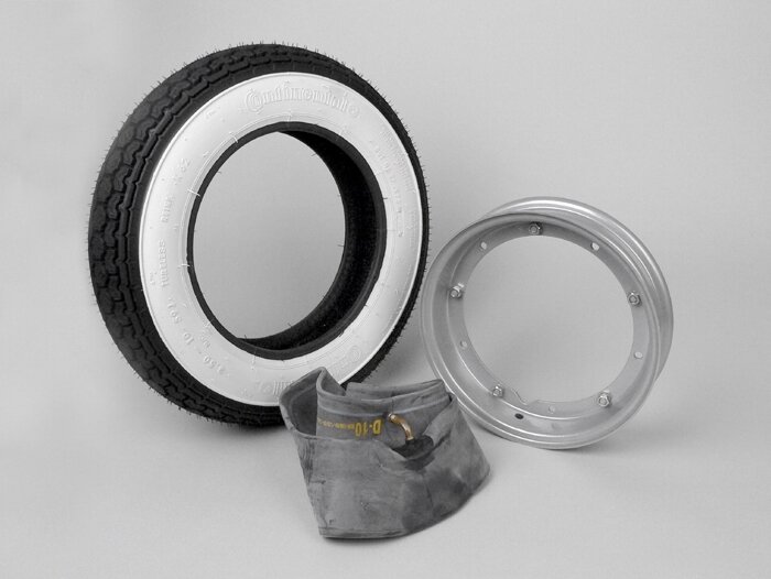 Kit complet pneu -VESPA CONTINENTAL flanc blanc K62- 3.50 - 10 pouces TT 59J (renforcé) - jante 2.10-10 gris
