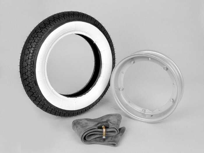 Juego completo de neumáticos -VESPA SAVA/MITAS B14 whitewall- 3.50 - 10 pulgadas TT 51J - llanta 2.10-10 gris