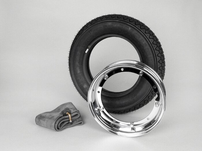 Komplett däcksats -VESPA MICHELIN S83- 3.50 - 10 tum TL 59J (förstärkt) - fälg 2.10-10 krom