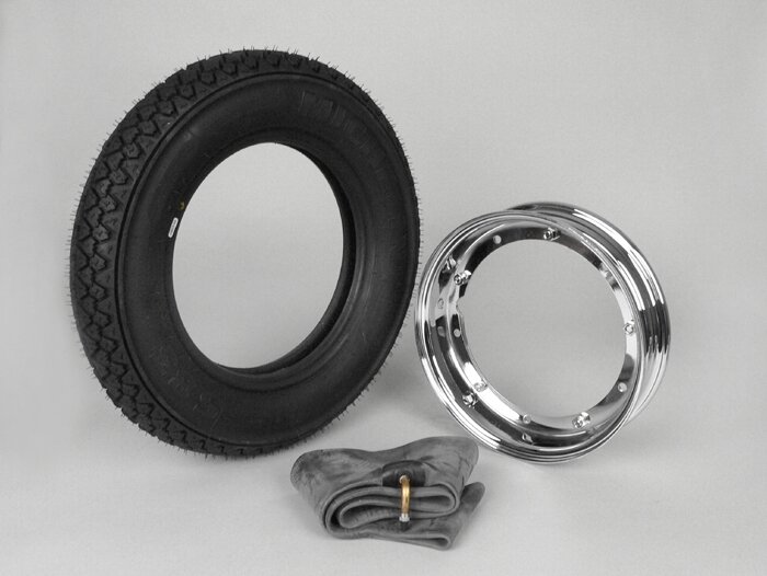 Komplett däcksats -VESPA MICHELIN S83- 3.50 - 10 tum TL 59J (förstärkt) - fälg 2.10-10 krom