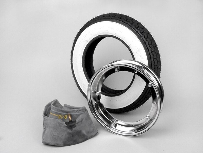 Set completo di pneumatici -VESPA CONTINENTAL whitewall K62- 3.50 - 10 pollici TT 59J (rinforzati) - cerchio 2.10-10 cromo