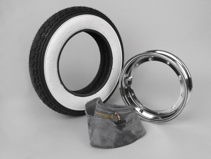 Set completo di pneumatici -VESPA CONTINENTAL whitewall K62- 3.50 - 10 pollici TT 59J (rinforzati) - cerchio 2.10-10 cromo