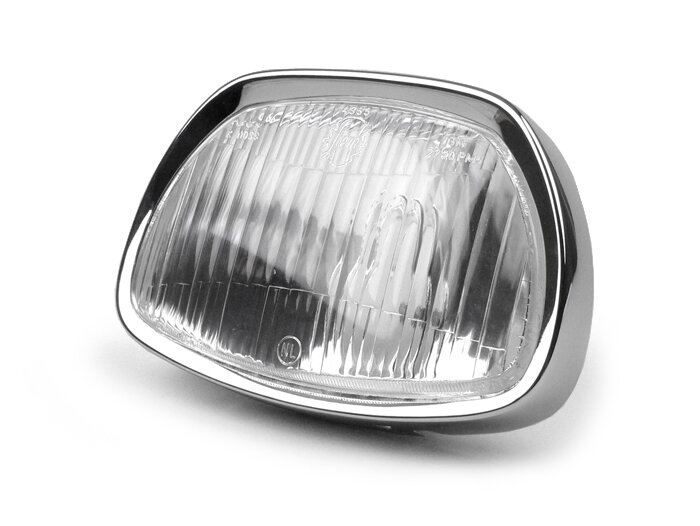 Headlight -SIEM trapezoid- Vespa Sprint150 (VLB1T), GL150 (VLA1T), GT125 (VNL2T), GTR125 (VNL2T), SS180 (VSC1T) - glass, incl. headlight rim, without headlamp plug