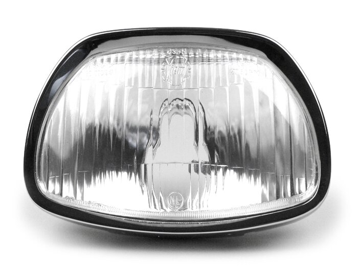Headlight -SIEM trapezoid- Vespa Sprint150 (VLB1T), GL150 (VLA1T), GT125 (VNL2T), GTR125 (VNL2T), SS180 (VSC1T) - glass, incl. headlight rim, without headlamp plug
