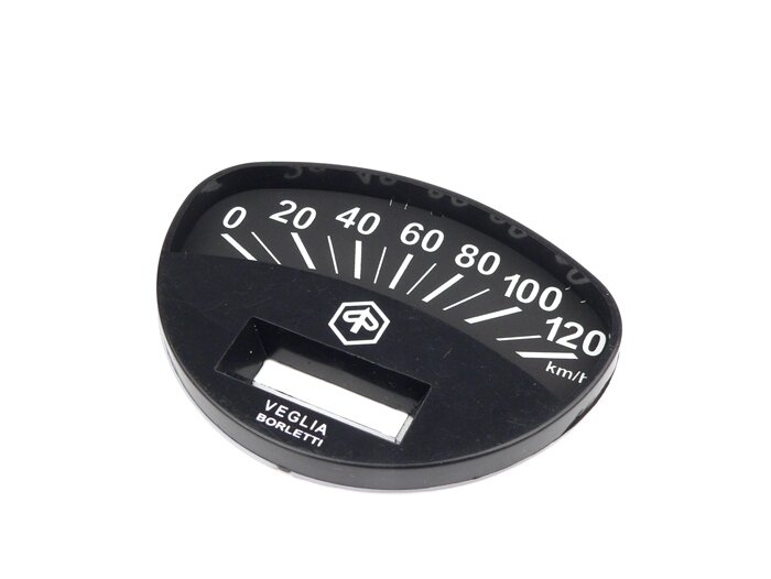 Cadran compteur -PIAGGIO- Vespa Rally180 (VSD1T), Rally200 (VSE1T), Sprint, PV125 - 120km/h (cadran noir, chiffres blancs)