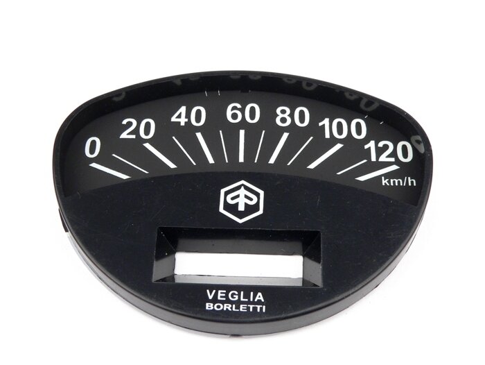 Cadran compteur -PIAGGIO- Vespa Rally180 (VSD1T), Rally200 (VSE1T), Sprint, PV125 - 120km/h (cadran noir, chiffres blancs)