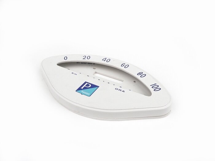 Speedo face -PIAGGIO shell-shape- Vespa VBA, VBB, GL150 (VLA1T), GT125 (VNL2T), GTR125 (VNL2T), Sprint - blue, 100km/h