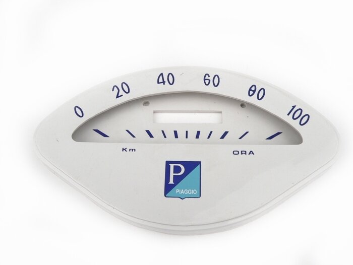 Speedo face -PIAGGIO shell-shape- Vespa VBA, VBB, GL150 (VLA1T), GT125 (VNL2T), GTR125 (VNL2T), Sprint - blue, 100km/h