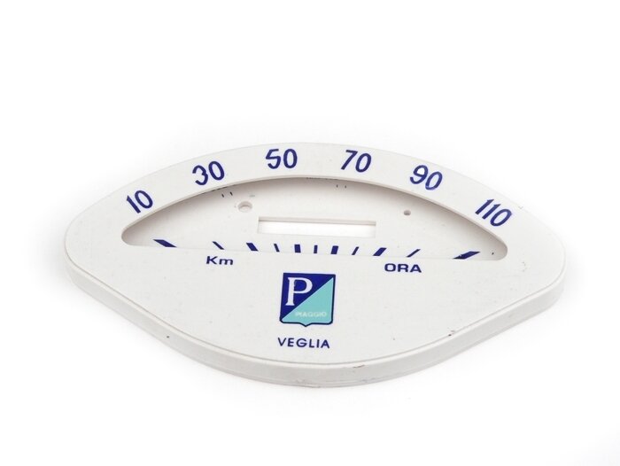 Speedo face -PIAGGIO shell-shape- Vespa VBA, VBB, GL150 (VLA1T), GT125 (VNL2T), GTR125 (VNL2T), Sprint - blue, 110km/h