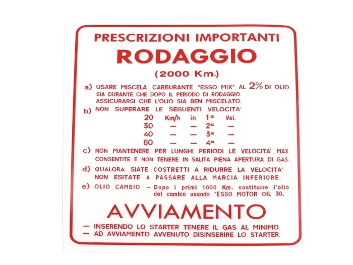 Running in sticker -OEM QUALITY- Vespa, Italian, 4-speed, mix ratio 2% - red