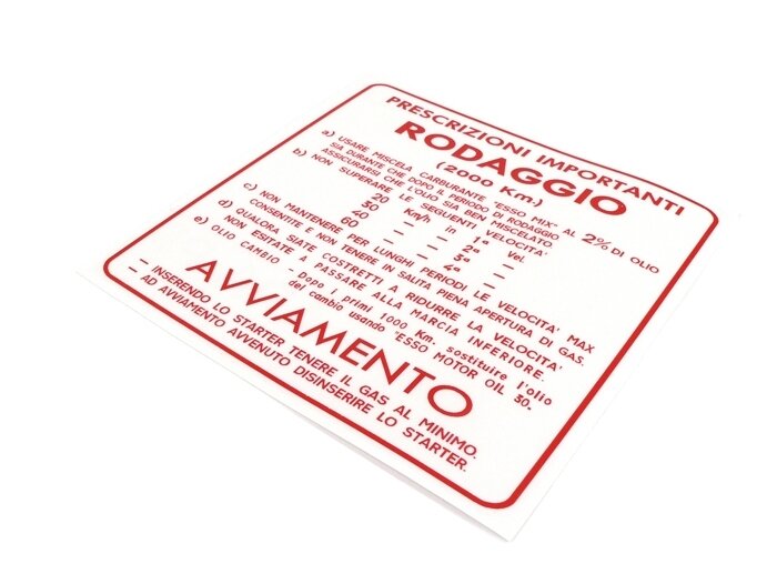 Running in sticker -OEM QUALITY- Vespa, Italian, 4-speed, mix ratio 2% - red