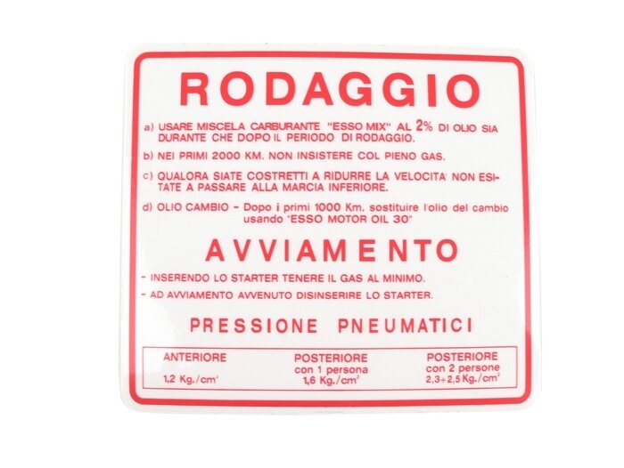 Running in sticker -OEM QUALITY- Vespa, Italian, mix ratio 2% - red