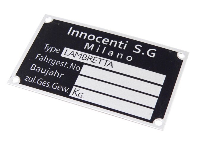 Typeplaatje -JOCKEYS BOXENSTOP- Lambretta Innocenti S.G. Milano (60x36x0,5mm)