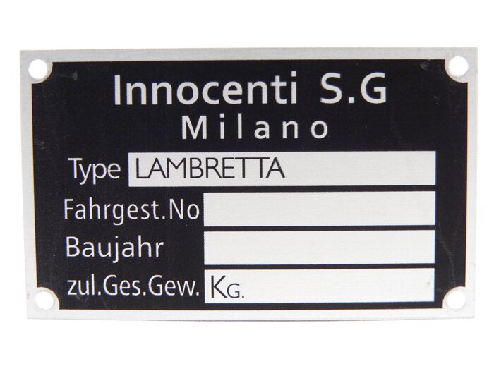 Typeplaatje -JOCKEYS BOXENSTOP- Lambretta Innocenti S.G. Milano (60x36x0,5mm)