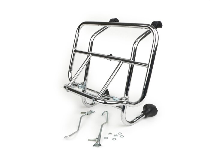 Front rack, fold down -MOTO NOSTRA- Vespa Smallframe V50, PV125, ET3, PK S, PK XL, PK XL2 Largeframe Rally180/200, Sprint150, TS125, GT125, GTR125, PX80, PX125, PX150, PX200 - chrome