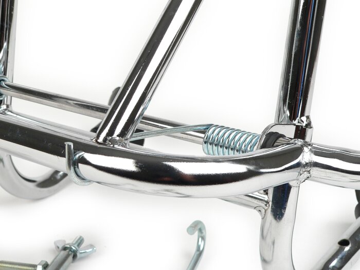 Front rack, fold down -MOTO NOSTRA- Vespa Smallframe V50, PV125, ET3, PK S, PK XL, PK XL2 Largeframe Rally180/200, Sprint150, TS125, GT125, GTR125, PX80, PX125, PX150, PX200 - chrome