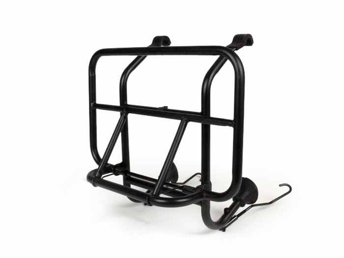 Front rack, fold down -MOTO NOSTRA- Vespa Smallframe V50, PV125, ET3, PK S, PK XL, PK XL2 Largeframe Rally180/200, Sprint150, TS125, GT125, GTR125, PX80, PX125, PX150, PX200 - black